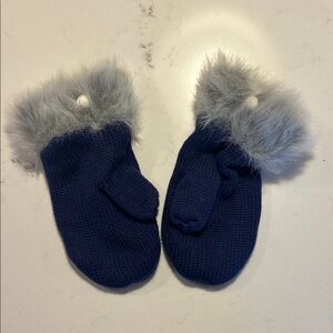 Janie and Jack Navy Mittens with Gray Fur Trim